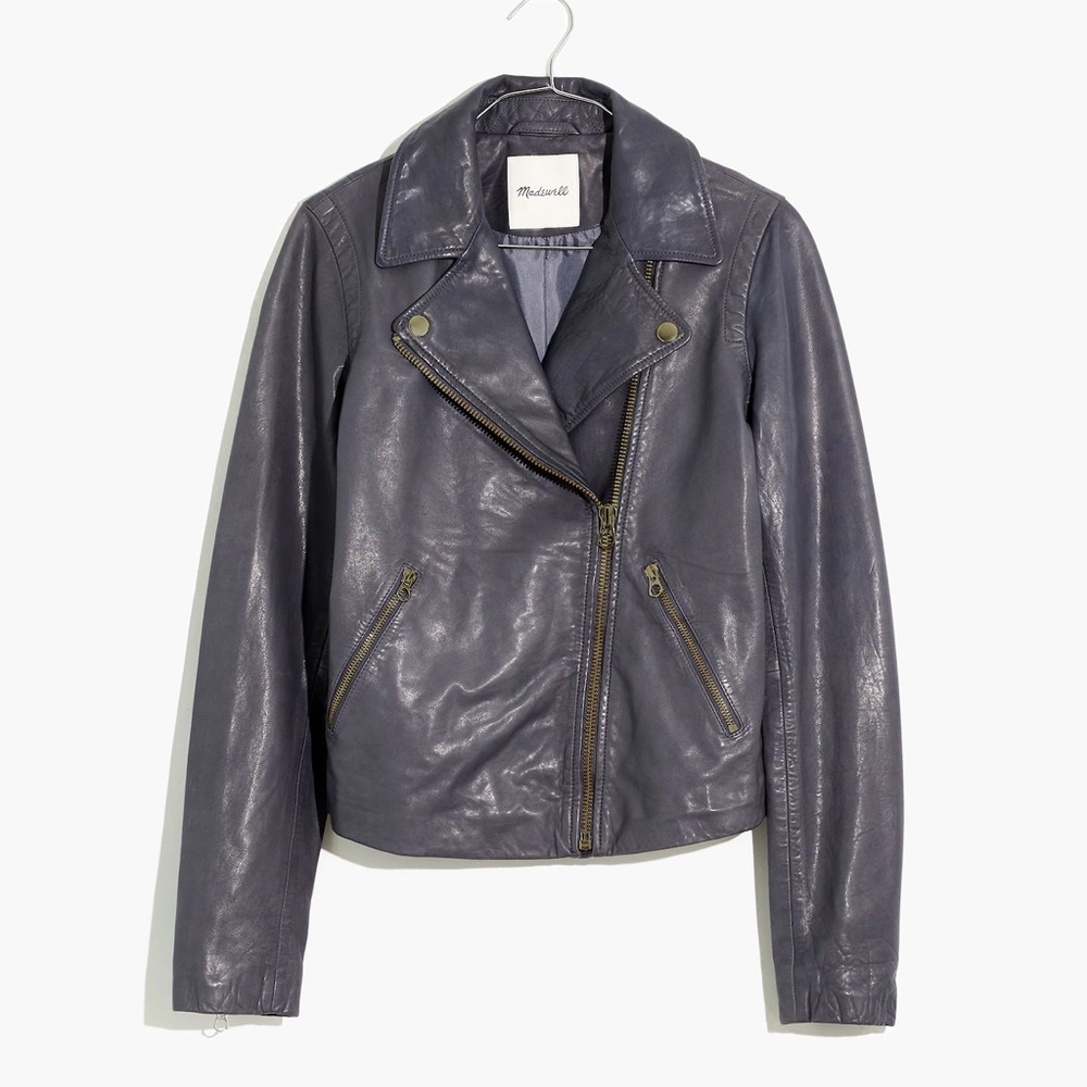 Madewell Washed Leather Motorcycle Jacket- Sun Faded Indigo- Medium
